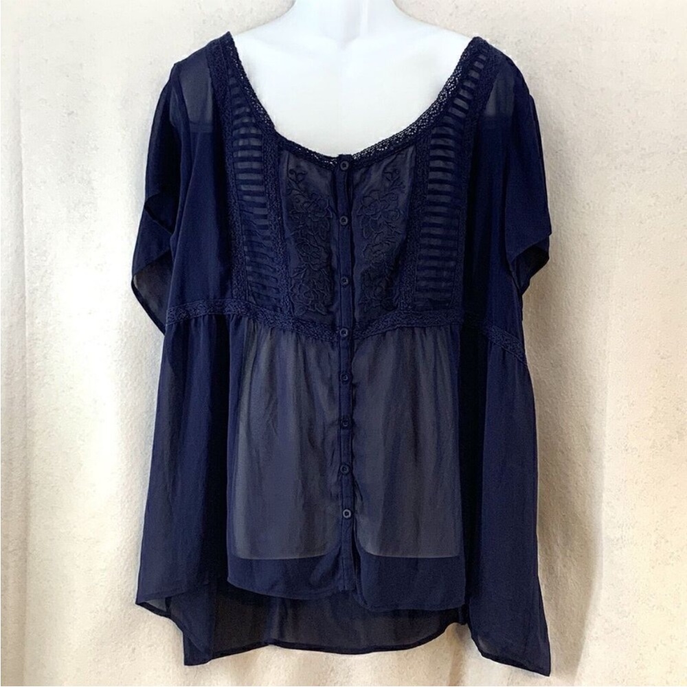 Torrid Size 4 Navy Blue Sheer Flutter Sleeve Top.